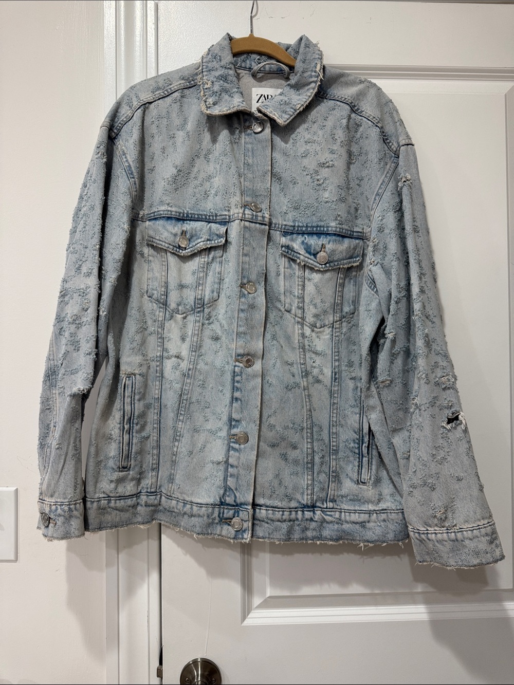 Zara Light Wash Very Distressed Denim Jacket in size M-L
